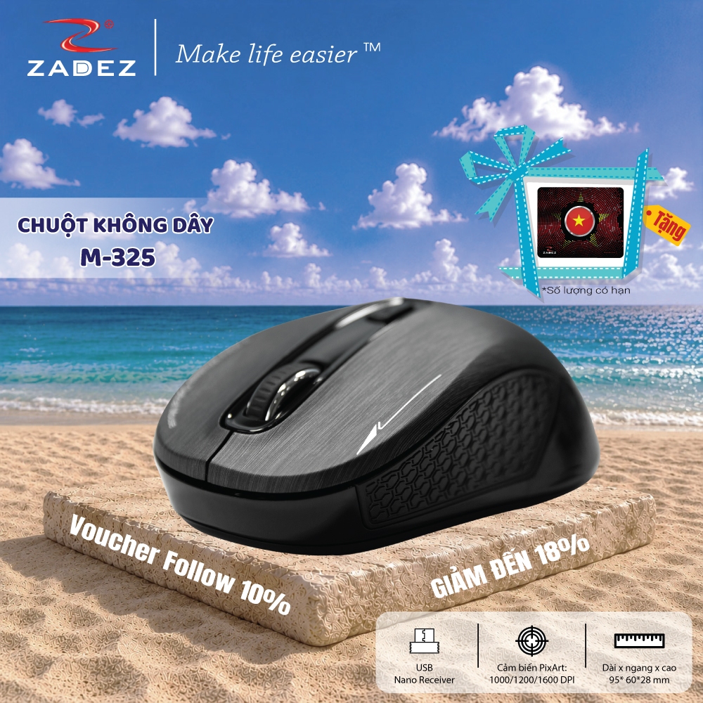 [SIÊU DEAL] Chuột Không Dây ZADEZ M-325B Cảm Biến PixArt, Độ Phân Giải 1.600 DPI