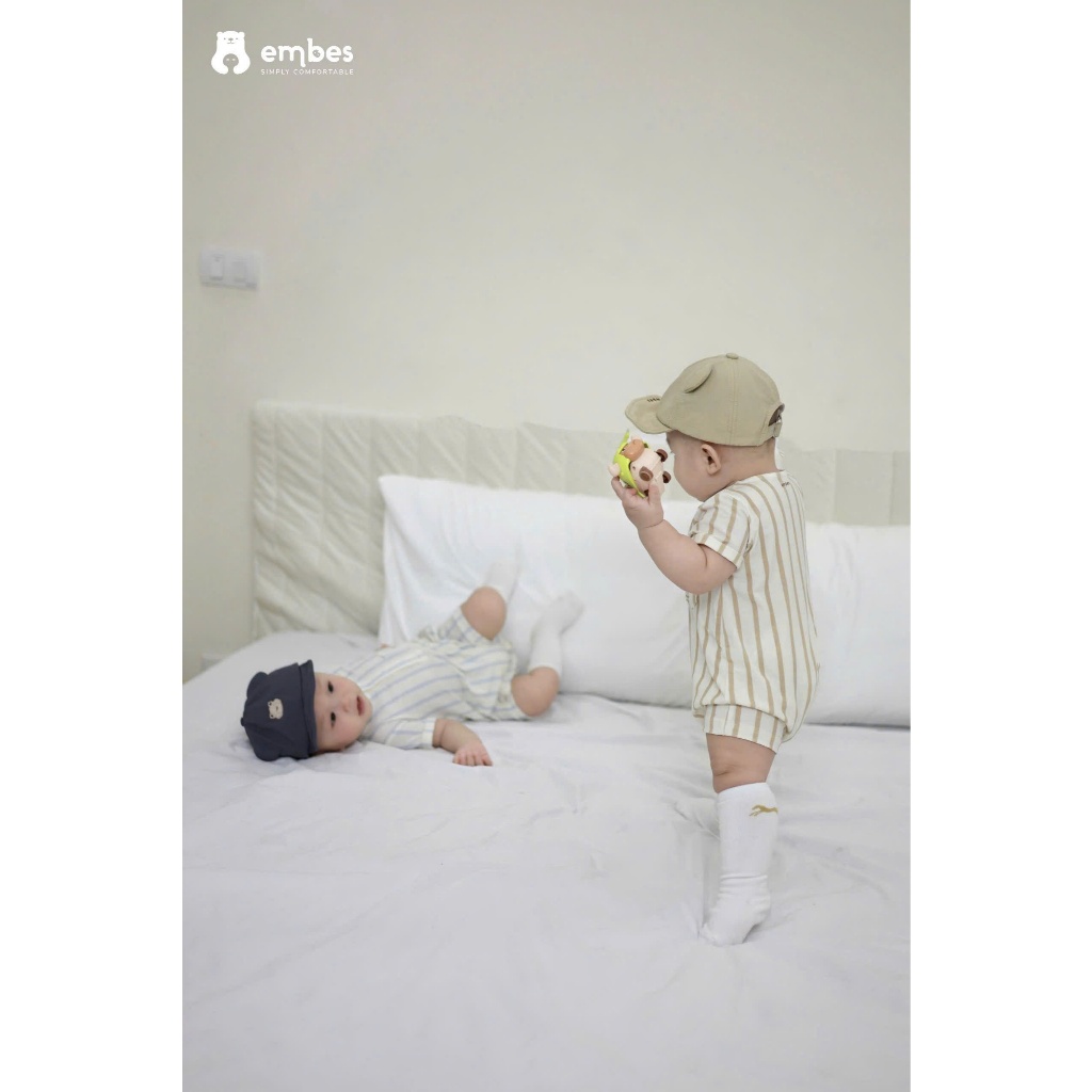 Body Cộc Cho Bé Embes, Body Cộc Tay Khuy Cổ Họa Tiết Kẻ Sọc Phối Túi Cho Bé Trai Bé Gái Từ 0-9 Tháng