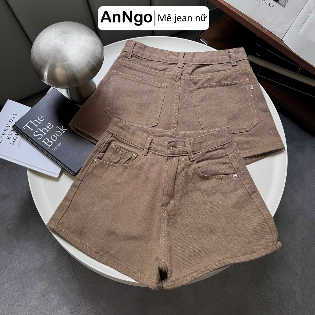 (Có big size) Quần short jean nữ lưng cao ống rộng, quần đùi bò không co giãn Anngo - AT364