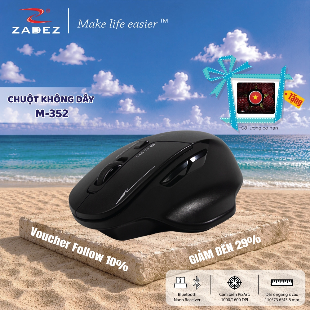 Chuột Bluetooth ZADEZ Tích Hợp Nano Receiver M-352B - Cảm Biến PixArt 1600DPI, Tiết Kiệm Pin