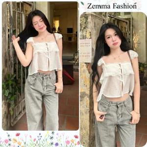 Áo hai dây nữ croptop phối bèo ren cài cúc trước tôn dáng gầy chất thô xốp mặc đi chơi phong cách HCOM27431