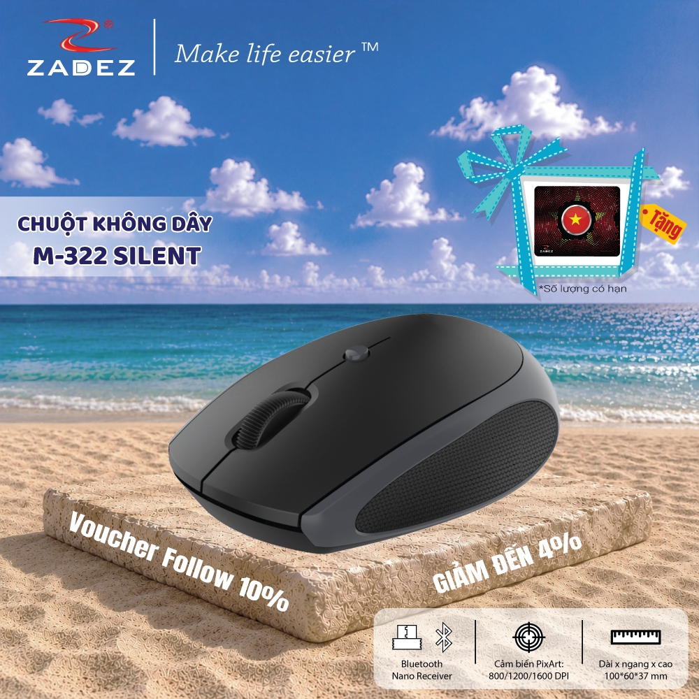 Chuột Không Dây ZADEZ M-322 Silent Đen - Độ phân giải 800/1200/1600 DPI