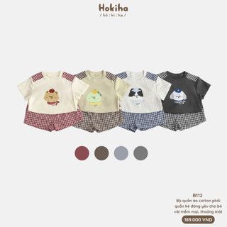 Bộ Cộc Tay Phối Quần Kẻ Caro In Hình Dễ Thương Cho Bé Hokiha Vải Cotton Mềm Mại, Thoáng Mát Size 8-17kg B112