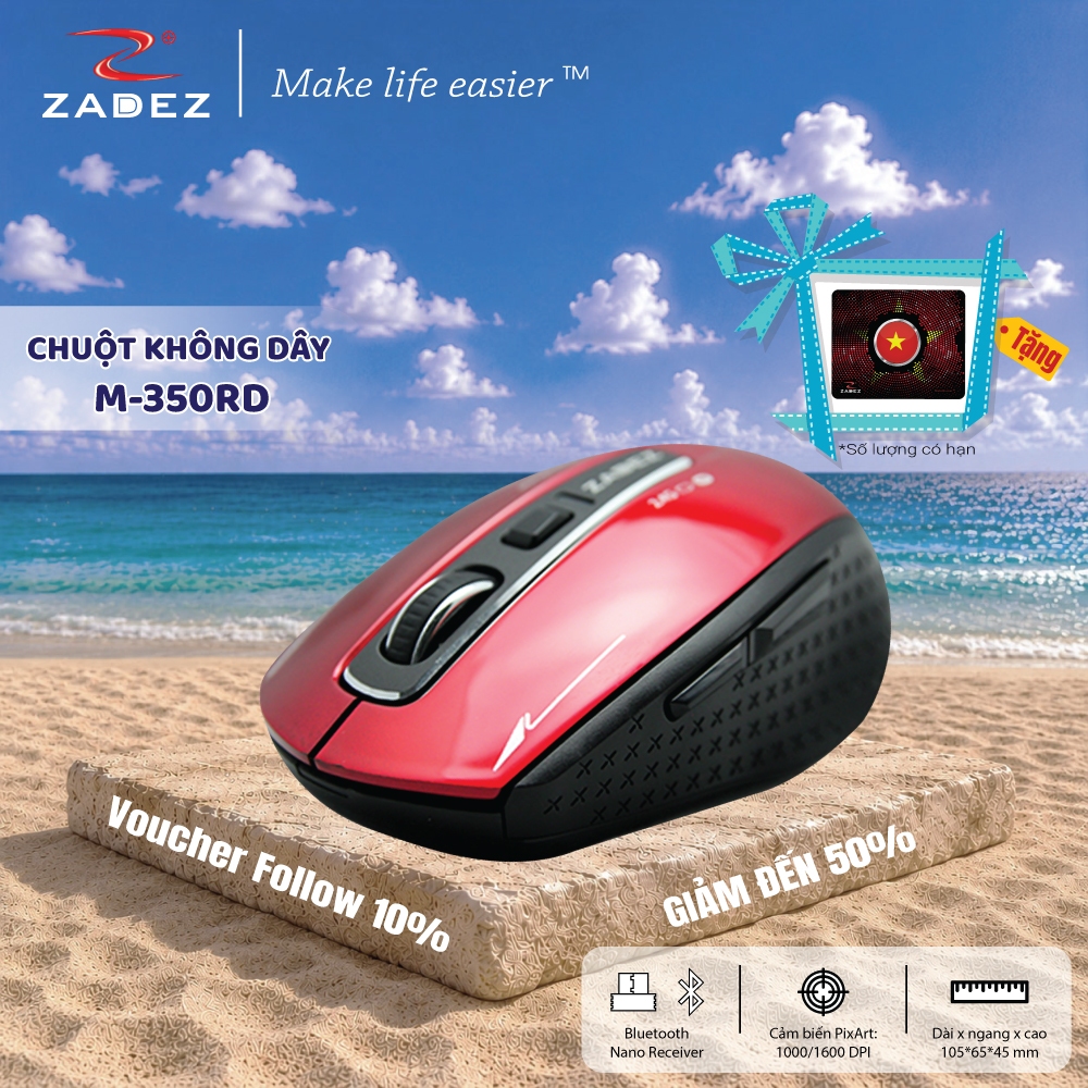 Chuột Bluetooth 4.0 Tích Hợp Kết Nối Receiver ZADEZ M-350 - 1600DPI Cảm Biến PixArt, Tiết Kiệm Pin