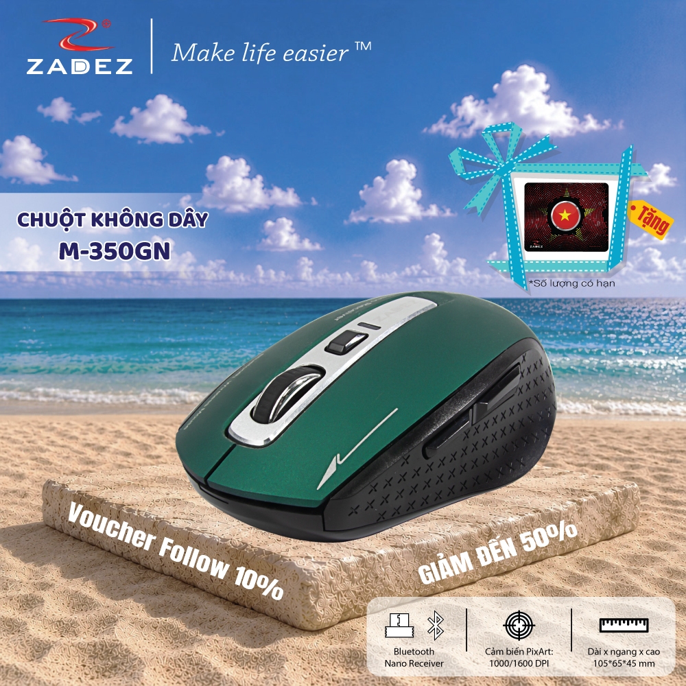 Chuột Bluetooth 4.0 Tích Hợp Kết Nối Receiver ZADEZ M-350 - 1600DPI Cảm Biến PixArt, Tiết Kiệm Pin