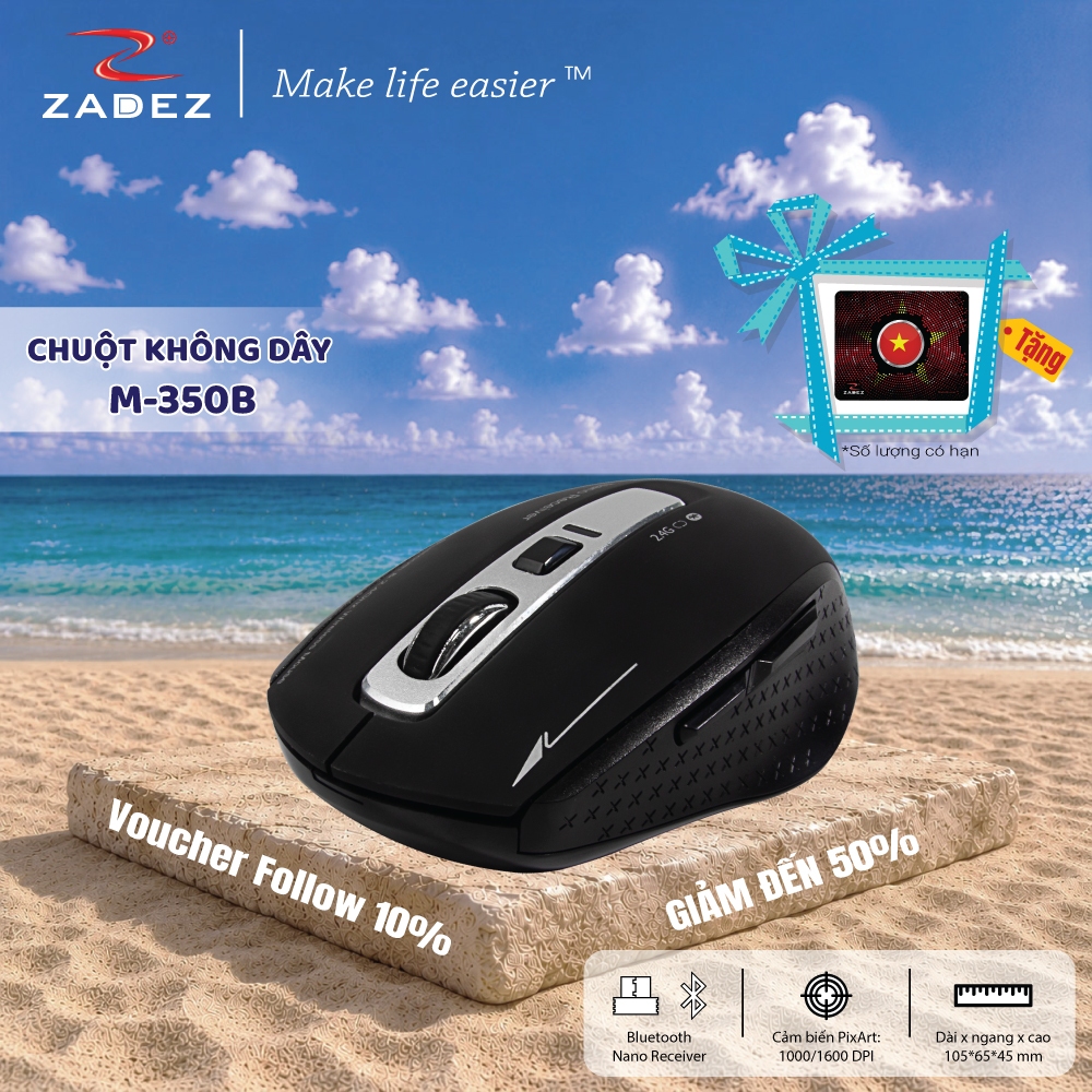 Chuột Bluetooth 4.0 Tích Hợp Kết Nối Receiver ZADEZ M-350 - 1600DPI Cảm Biến PixArt, Tiết Kiệm Pin