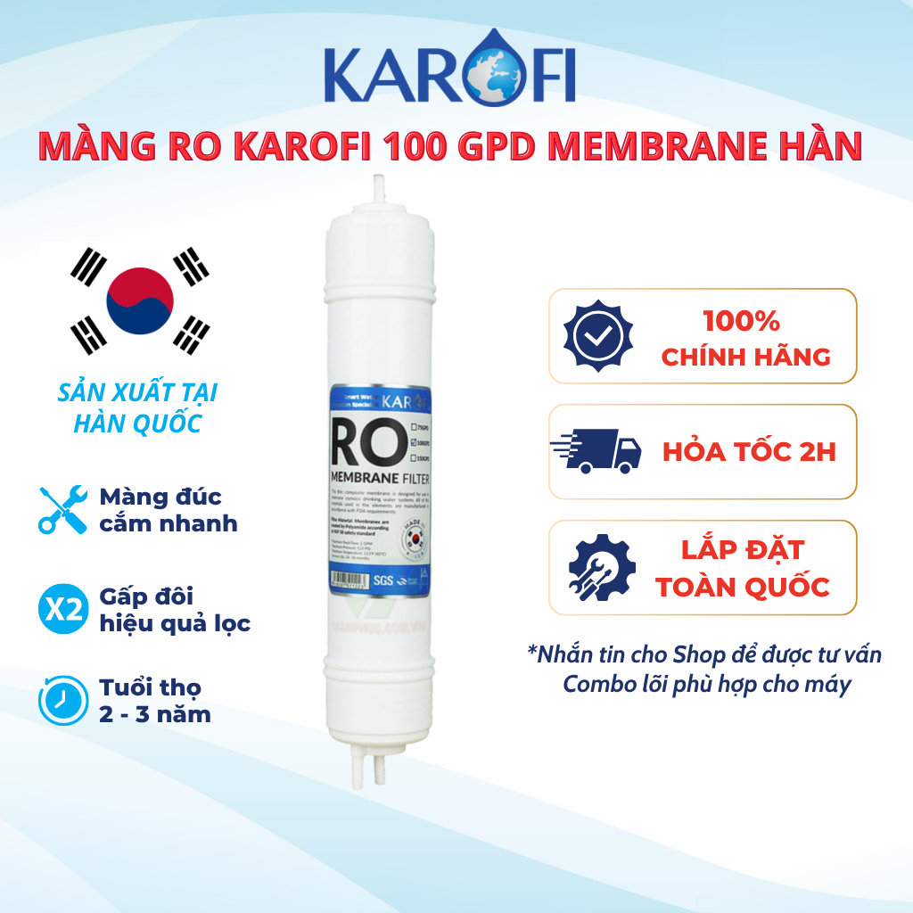 Màng lọc RO 100GPD Hàn Quốc Karofi - Lõi số 4 Karofi công suất 20l/h cắm nhanh đúc nguyên khối - Hàng chính hãng