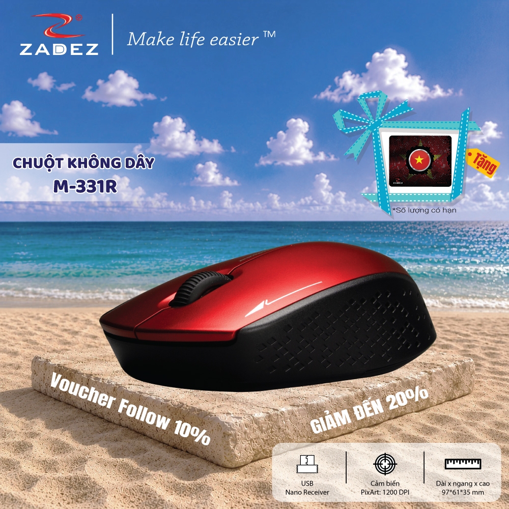 [SIÊU DEAL] Chuột Không Dây ZADEZ M-331 - Thiết Kế Ergonomic, Cảm Biến PixArt, 1200DPI, Có Nhiều Màu