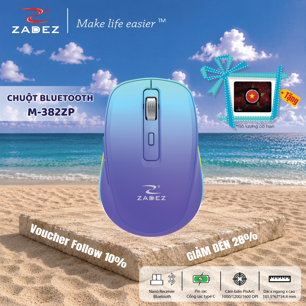 Chuột Silent ZADEZ M-382Z - Kết Nối Bluetooth Và USB Receiver, Pin Sạc, DPI 2000 Độ Chính Xác Cao