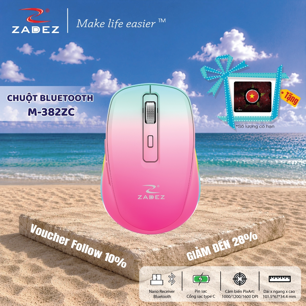Chuột Silent ZADEZ M-382Z - Kết Nối Bluetooth Và USB Receiver, Pin Sạc, DPI 2000 Độ Chính Xác Cao