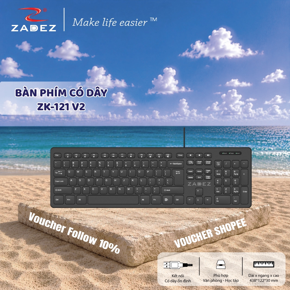 Bàn Phím Có Dây ZADEZ ZK-121 Ver 2 - Độ Bền Phím 5 Triệu Lần Nhấn, Thiết Kế Chiclet Nhỏ Gọn
