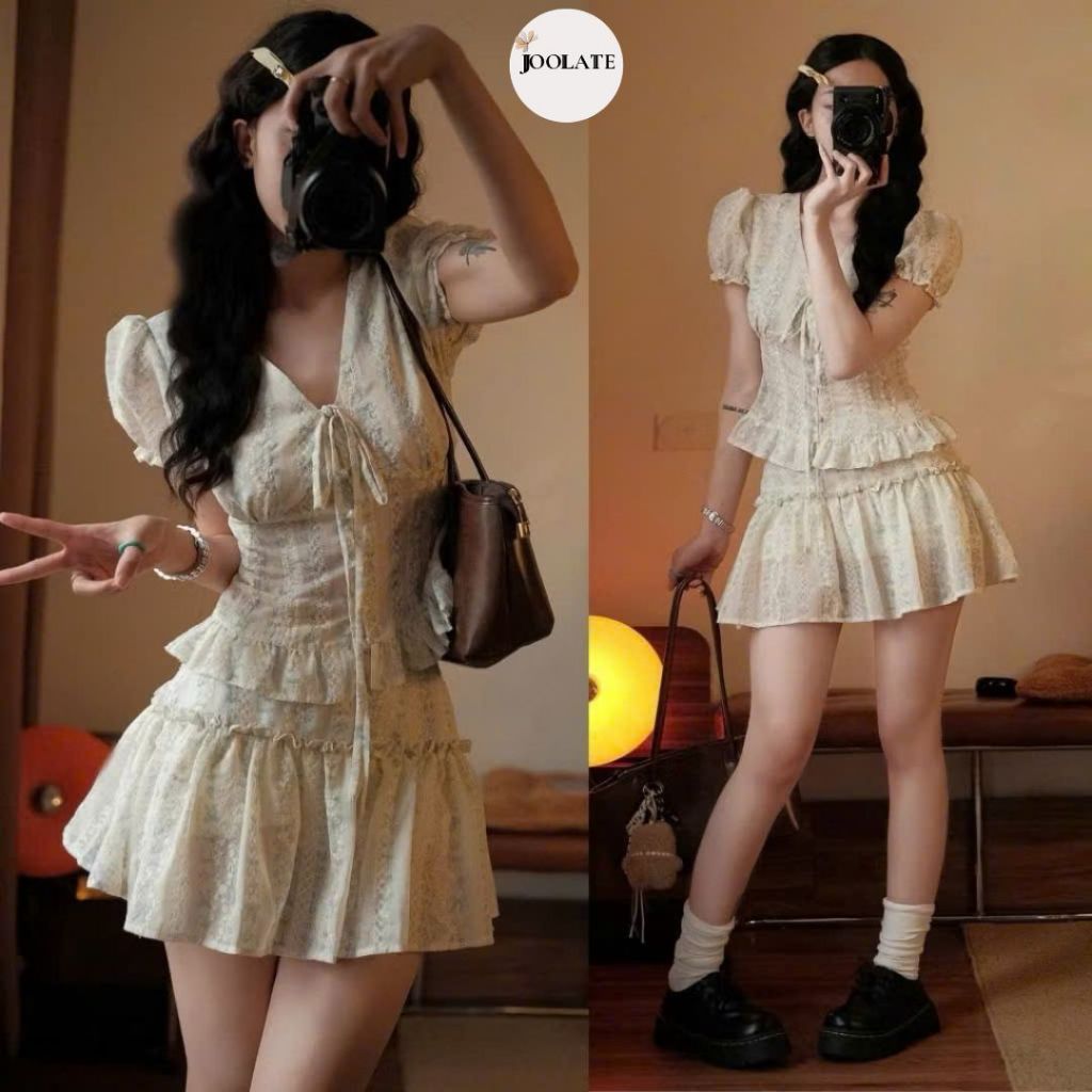 Set Đồ Nữ Áo Cổ V Buộc Nơ Chiết Eo Kèm Chân Váy Xòe Lưng Thun Tiểu Thư Hàn Quốc Dễ Thương Joolate 1651