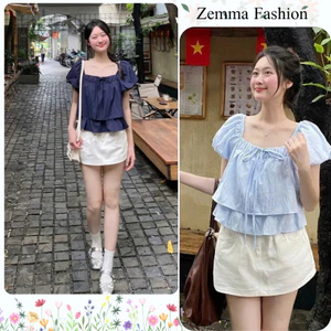 Áo kiểu nữ dáng babydoll tay phồng cổ vuông bo chun dáng xòe hai tầng thắt nơ ngực HCOM27429