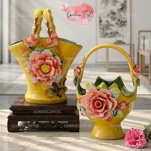 Bình Hoa Gốm Sứ Bát Tràng Dáng Làn Đắp Nổi Vàng Lọ Hoa Vuốt Tay Thủ Công Trang Trí GomDecorTSC