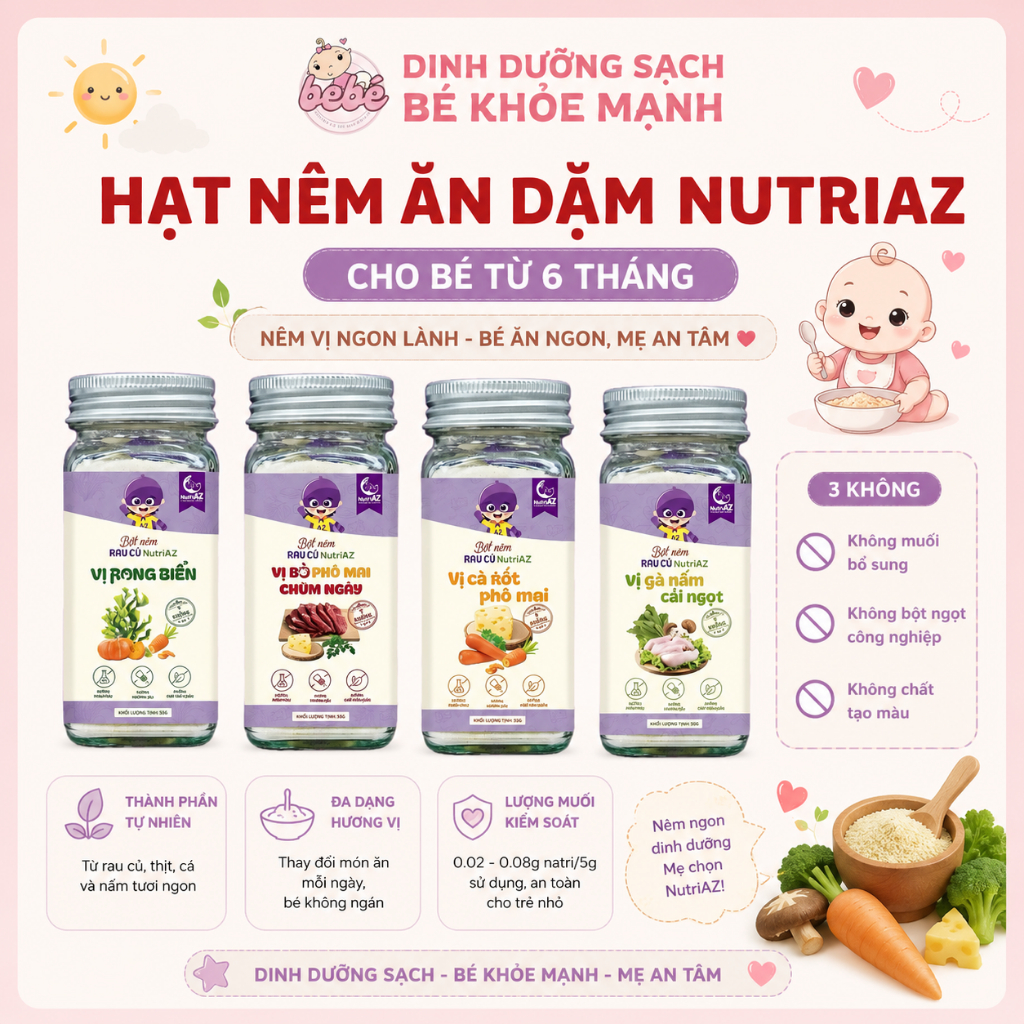 Hạt Nêm Ăn Dặm NutriAZ Cho Bé Từ 6 Tháng. Gia Vị Ăn Dặm Rau Củ An Toàn, Không Muối, Không Hương Liệu
