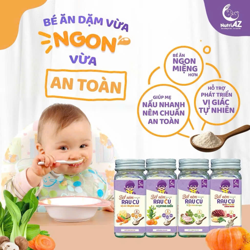 Hạt Nêm Ăn Dặm NutriAZ Cho Bé Từ 6 Tháng. Gia Vị Ăn Dặm Rau Củ An Toàn, Không Muối, Không Hương Liệu