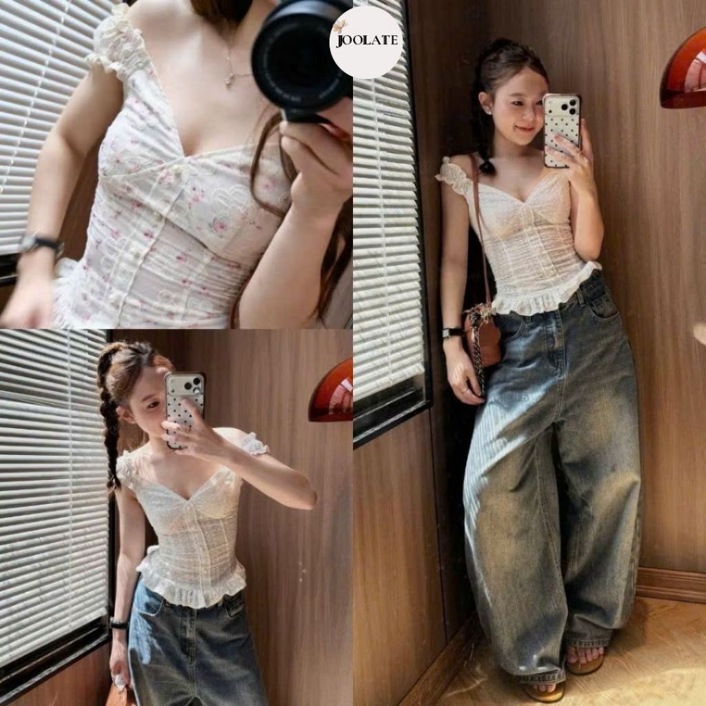 Áo Kiểu Nữ Cổ V Thêu Hoa Viền Bèo Tay Ngắn Tiểu Thư Hàn Quốc Trẻ Trung Dễ Phối Đồ Joolate