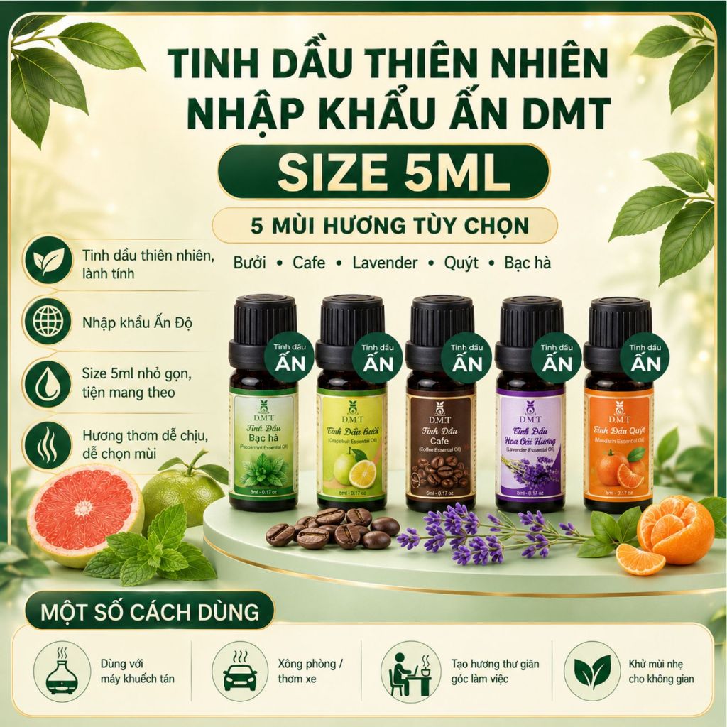 Tinh dầu xông thơm phòng, treo xe nhập khẩu Ấn DMT - khử mùi, thư giãn, thanh lọc không khí - 5ml