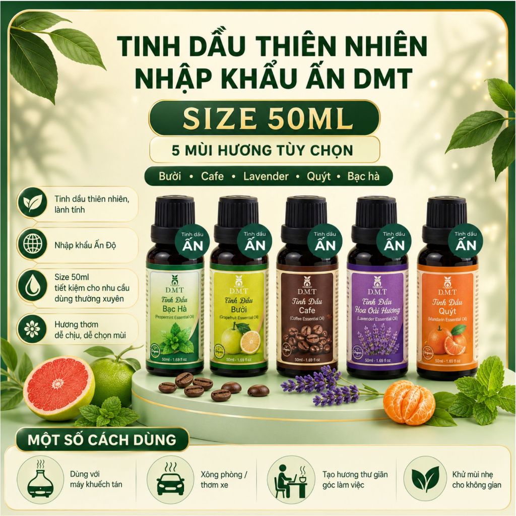 Tinh dầu thiên nhiên nhập khẩu Ấn DMT 50ml - tinh dầu xông phòng, đuổi muỗi, thanh lọc không khí