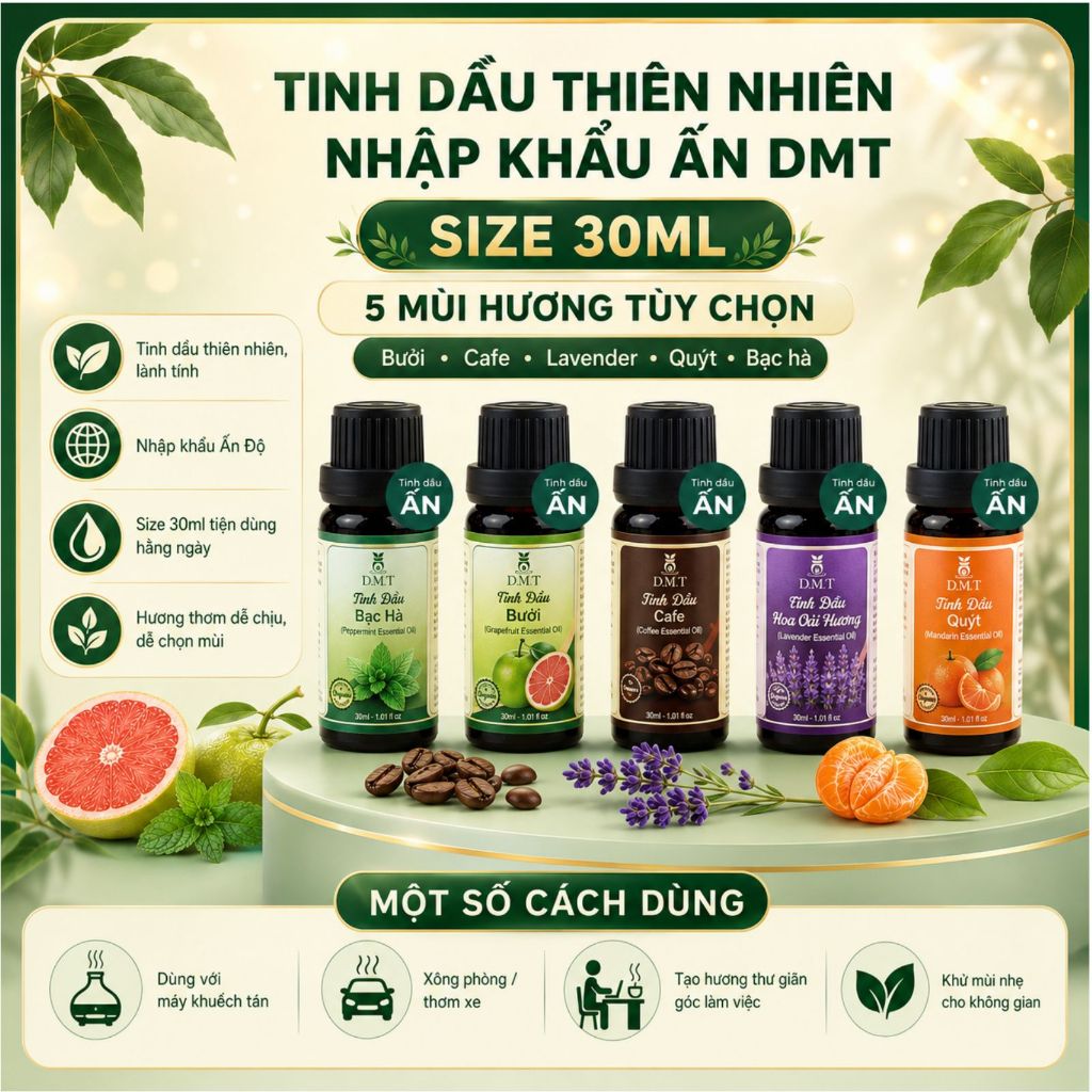 Tinh dầu xông thơm phòng nhập khẩu Ấn DMT - treo xe, khử mùi, thơm phòng, thanh lọc không khí - 30ml