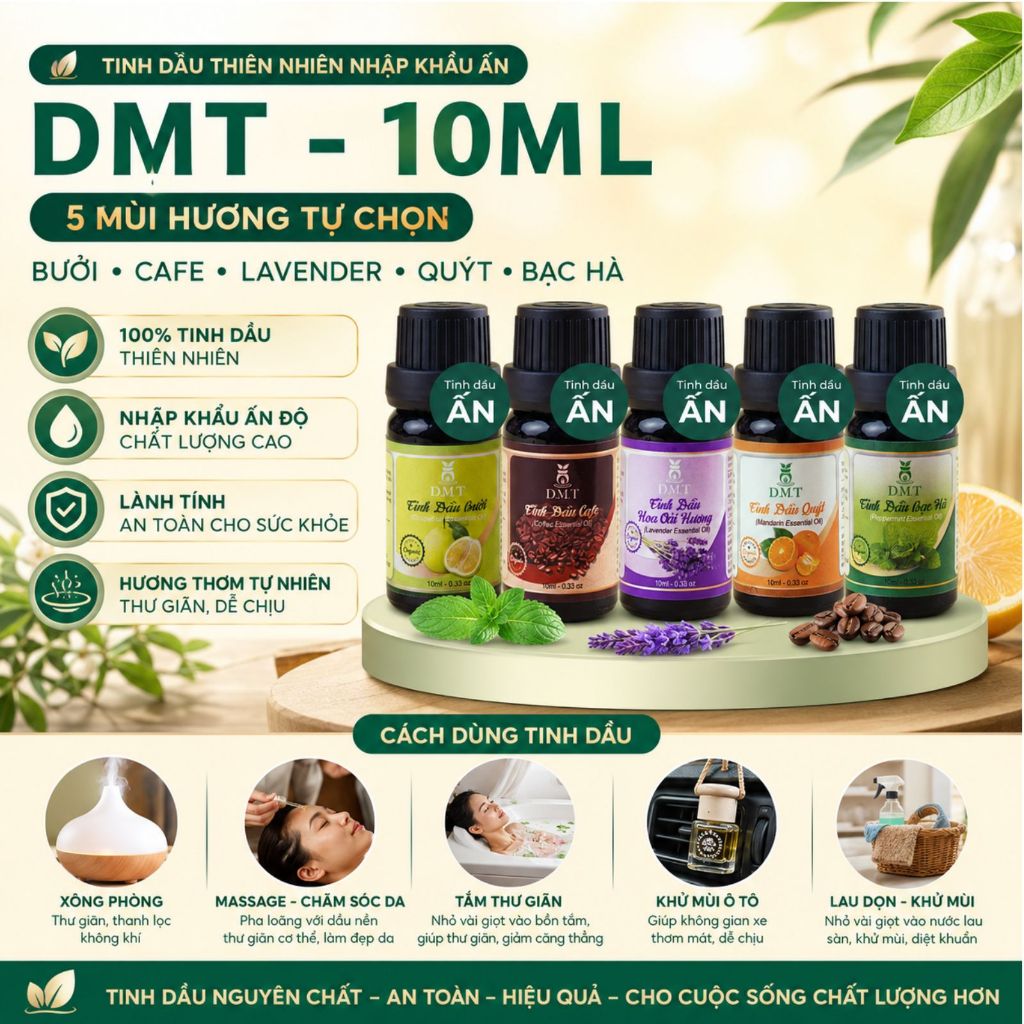 Tinh dầu xông thơm phòng, treo xe nhập khẩu Ấn DMT - khử mùi, thư giãn, thanh lọc không khí - 10ml