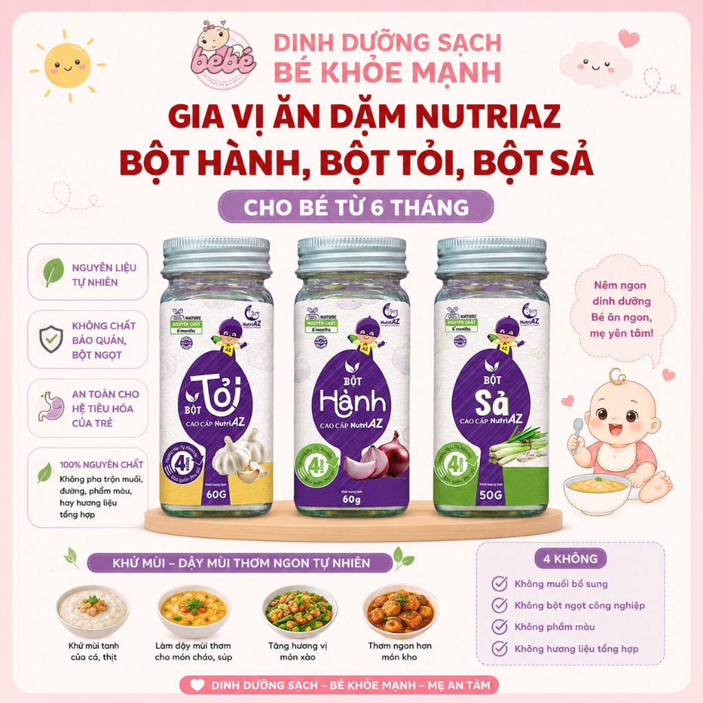 Gia Vị Ăn Dặm NutriAZ Cho Bé Từ 6 Tháng. Bột Hành, Bột Tỏi, Bột Sả