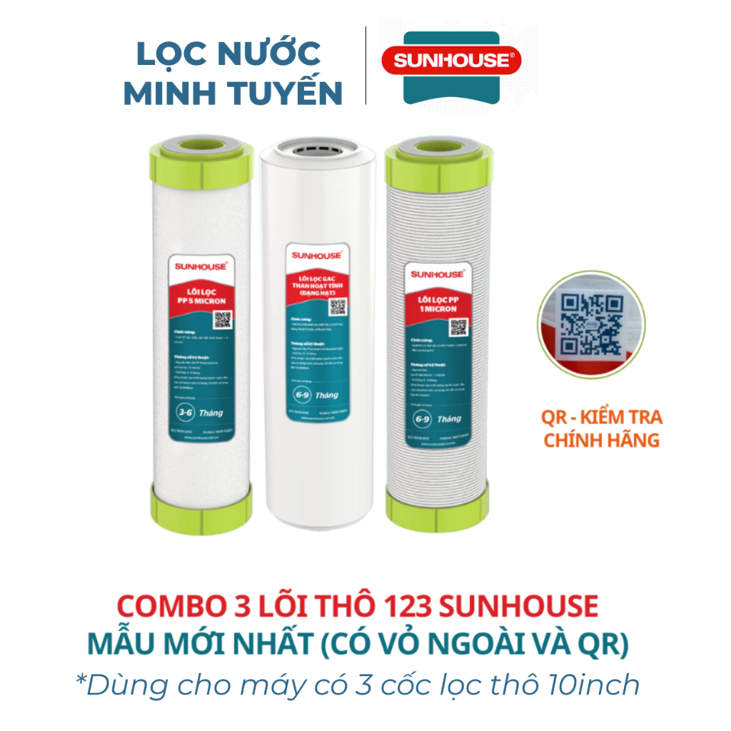 Combo 3 Lõi Lọc Thô Sunhouse 123 Chính Hãng Cho Máy Lọc Nước RO 10 Inch Mẫu Mới ✅