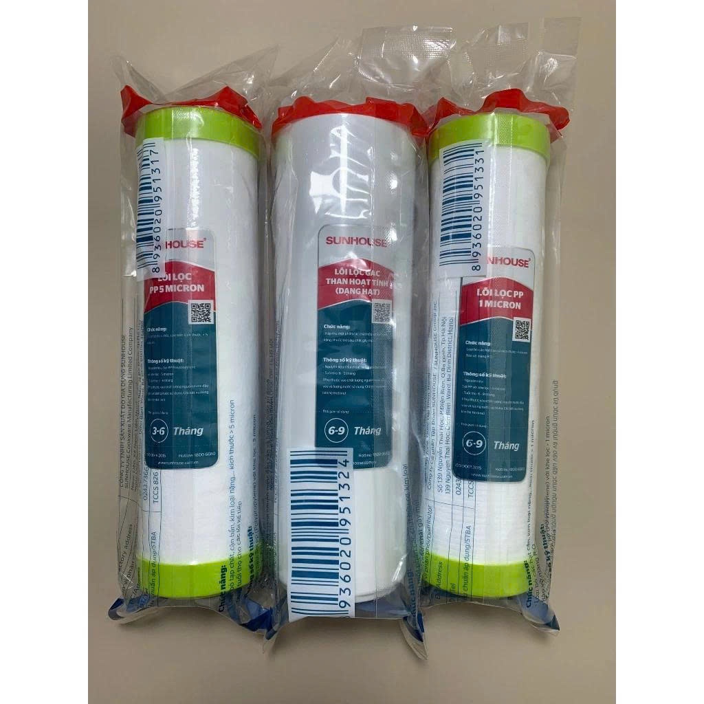 Combo 3 Lõi Lọc Thô Sunhouse 123 Chính Hãng Cho Máy Lọc Nước RO 10 Inch Mẫu Mới ✅