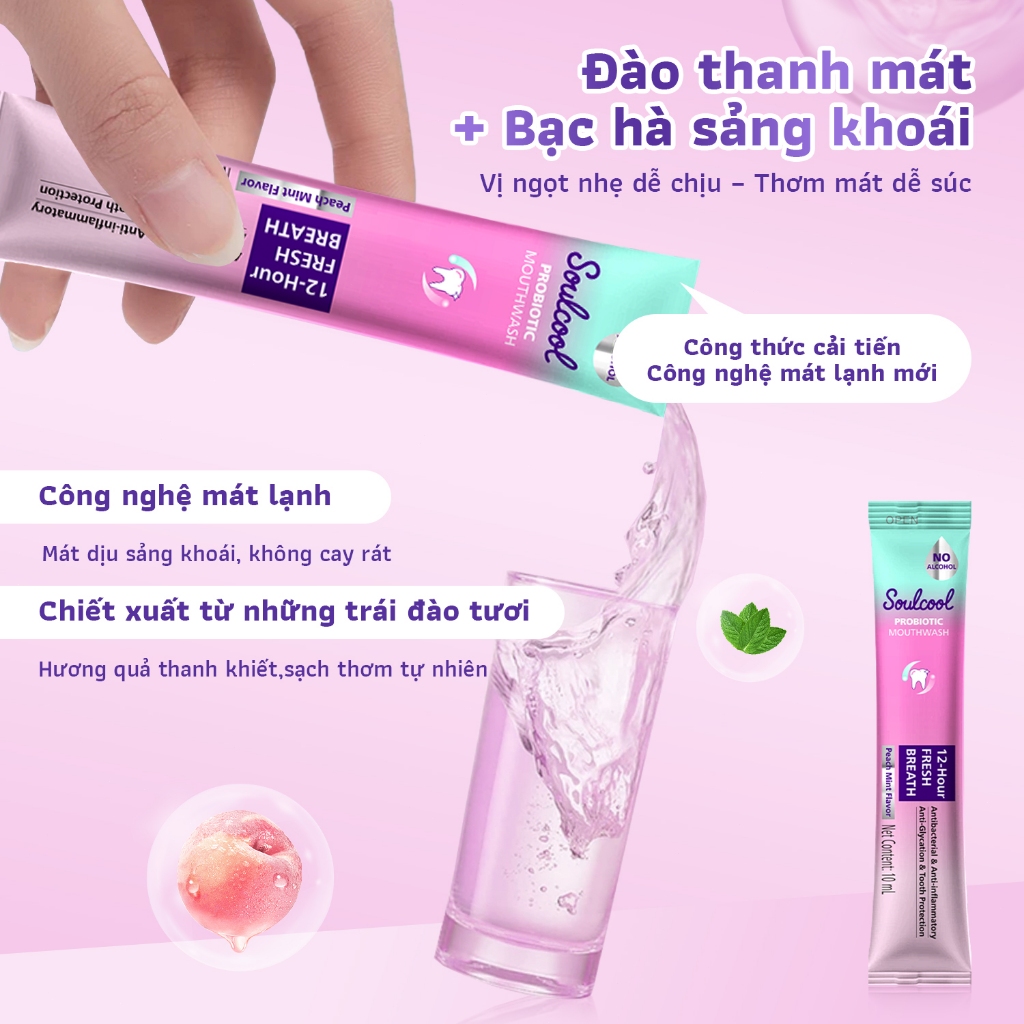 Soulcool Nước súc miệng dạng gói 10ml men vi sinh ADP1 hương đào bạc hà thơm miệng 12 giờ kháng khuẩn vượt trội bảo vệ n
