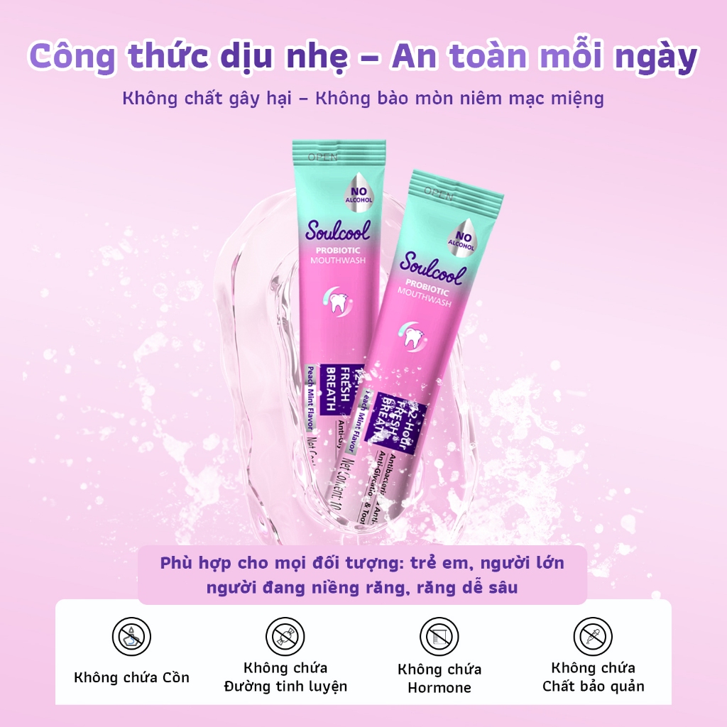Soulcool Nước súc miệng dạng gói 10ml men vi sinh ADP1 hương đào bạc hà thơm miệng 12 giờ kháng khuẩn vượt trội bảo vệ n