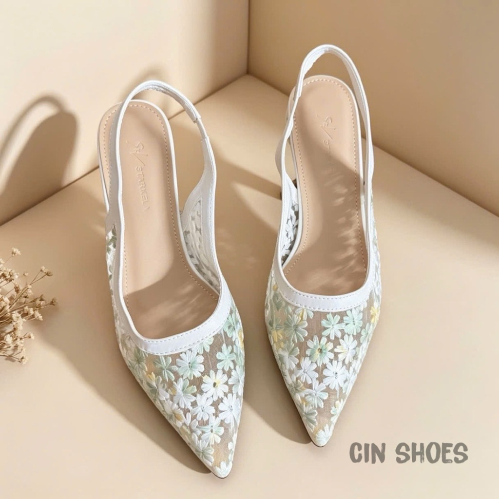 [D37] Giày VANA FASHIONSHOES , giày cao gót mũi nhọn hoa xuyến chi thêu nổi gót 5-7-9p