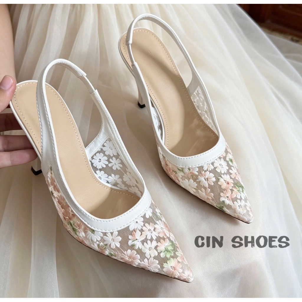[D37] Giày VANA FASHIONSHOES , giày cao gót mũi nhọn hoa xuyến chi thêu nổi gót 5-7-9p