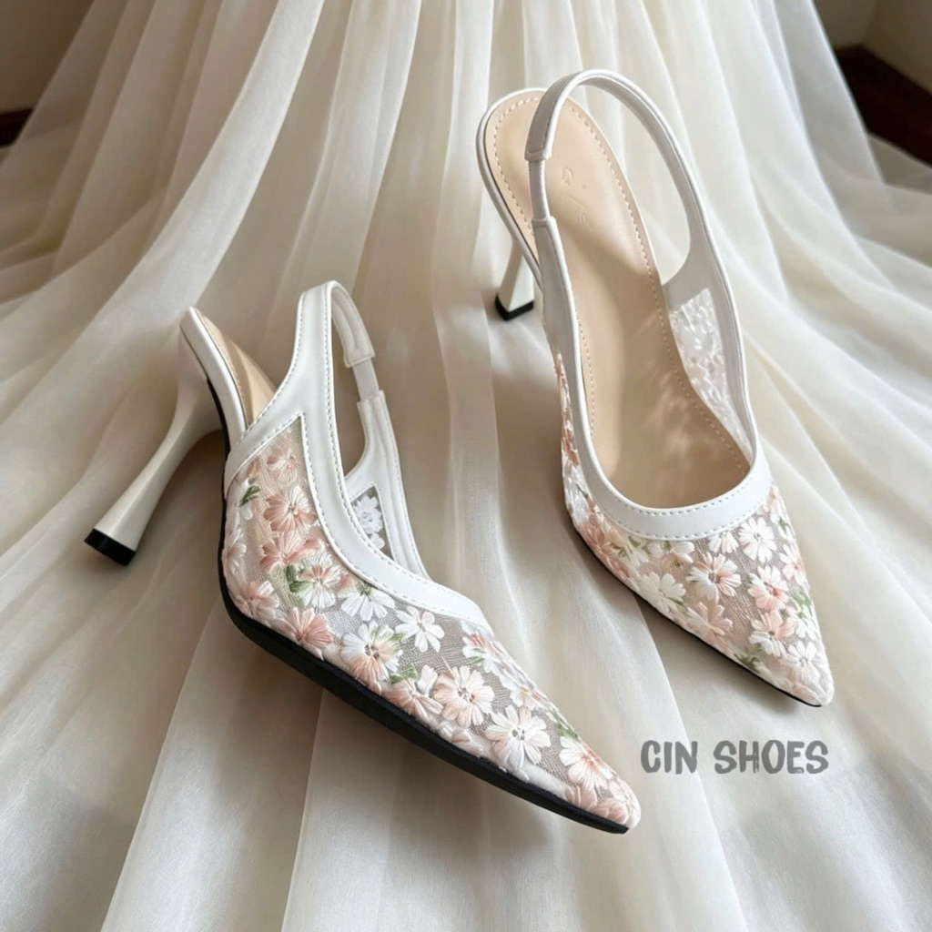[D37] Giày VANA FASHIONSHOES , giày cao gót mũi nhọn hoa xuyến chi thêu nổi gót 5-7-9p