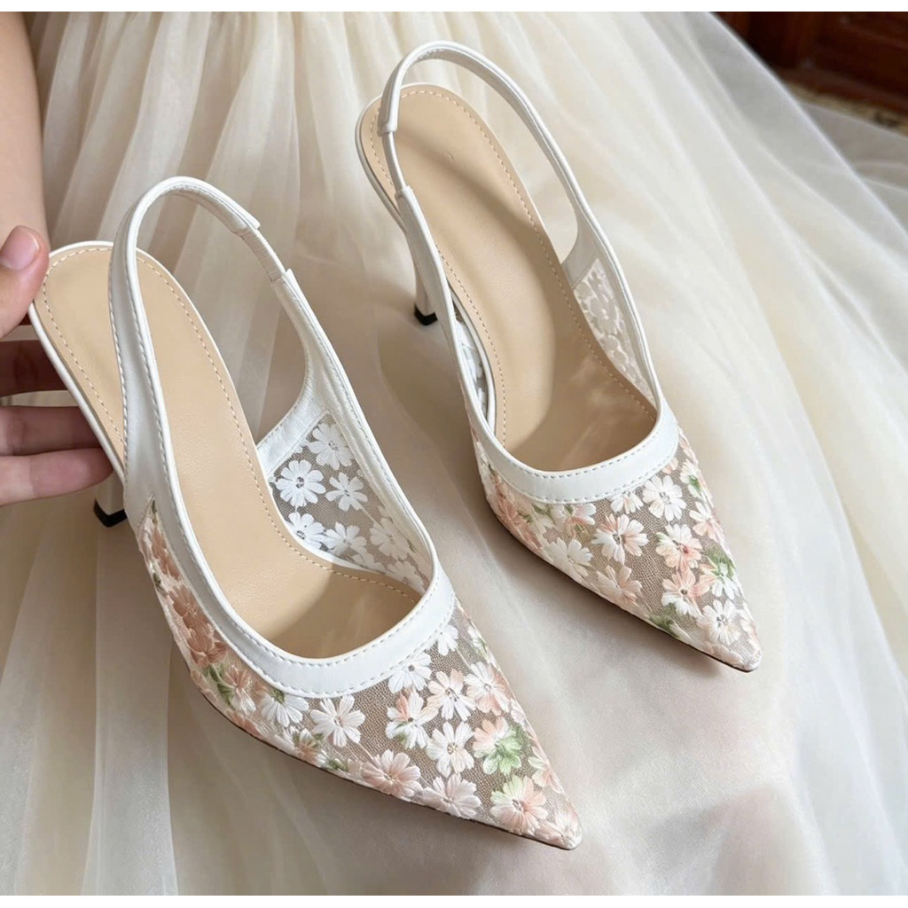 [D37] Giày VANA FASHIONSHOES , giày cao gót mũi nhọn hoa xuyến chi thêu nổi gót 5-7-9p