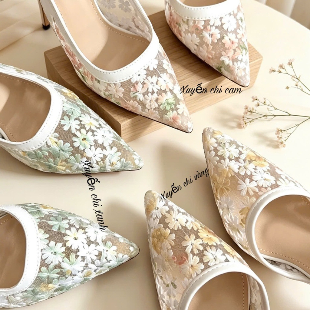 [D37] Giày VANA FASHIONSHOES , giày cao gót mũi nhọn hoa xuyến chi thêu nổi gót 5-7-9p