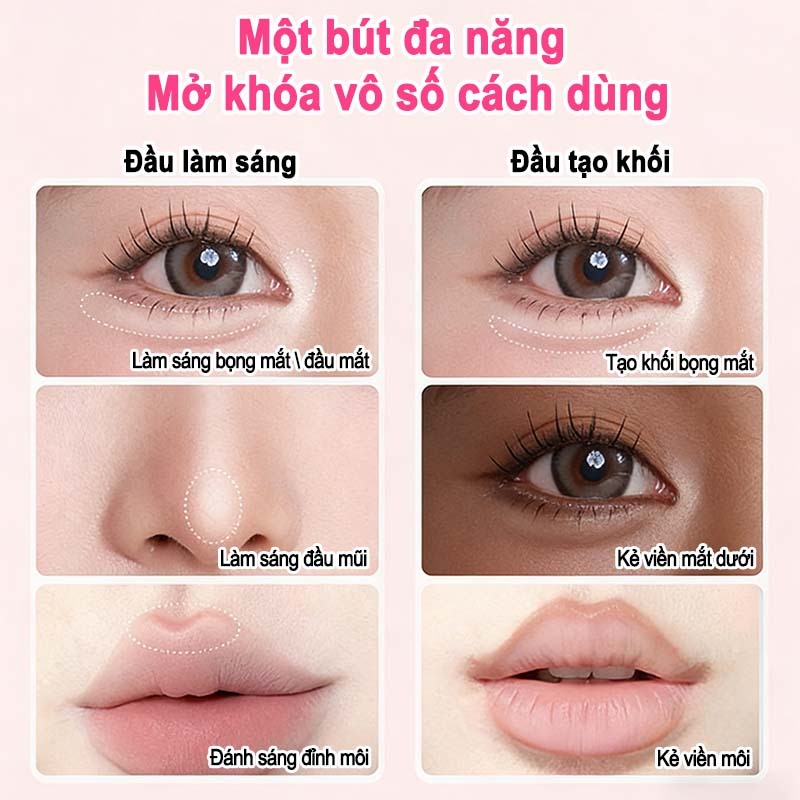 Bút vẽ bọng mắt đa năng, 2 Đầu, Làm Sáng, Highlight, Tạo Khối, Bọng Mắt, Che Khuyết Điểm Đa Năng, Lâu Trô