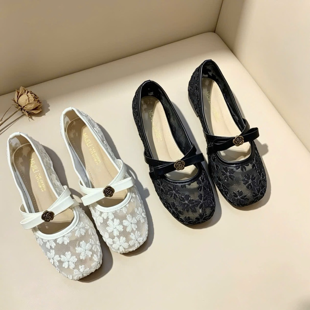 [D36] Giày bệt VANA FASHIONSHOES  , bệt nữ bản lưới hoa xuyến chi thêu nổi đính hoa trà bệt 1p