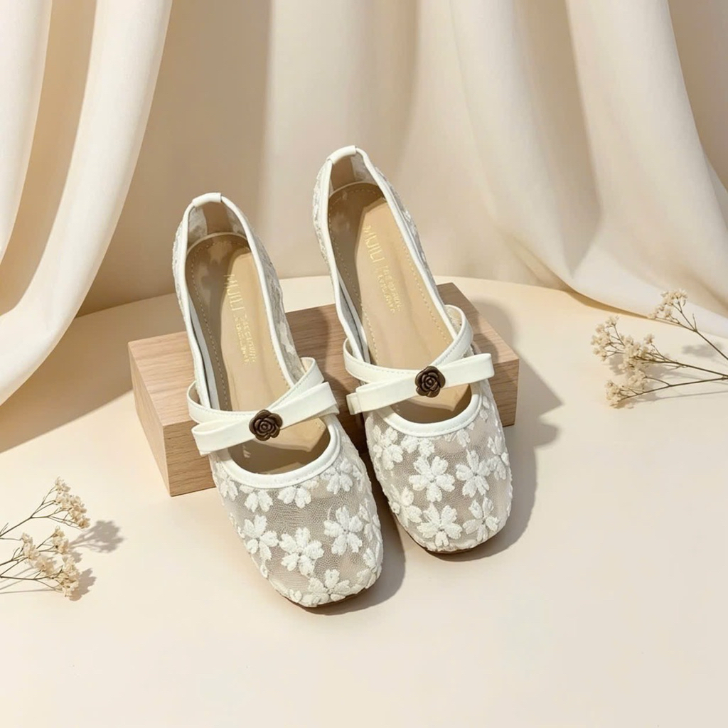 [D36] Giày bệt VANA FASHIONSHOES  , bệt nữ bản lưới hoa xuyến chi thêu nổi đính hoa trà bệt 1p