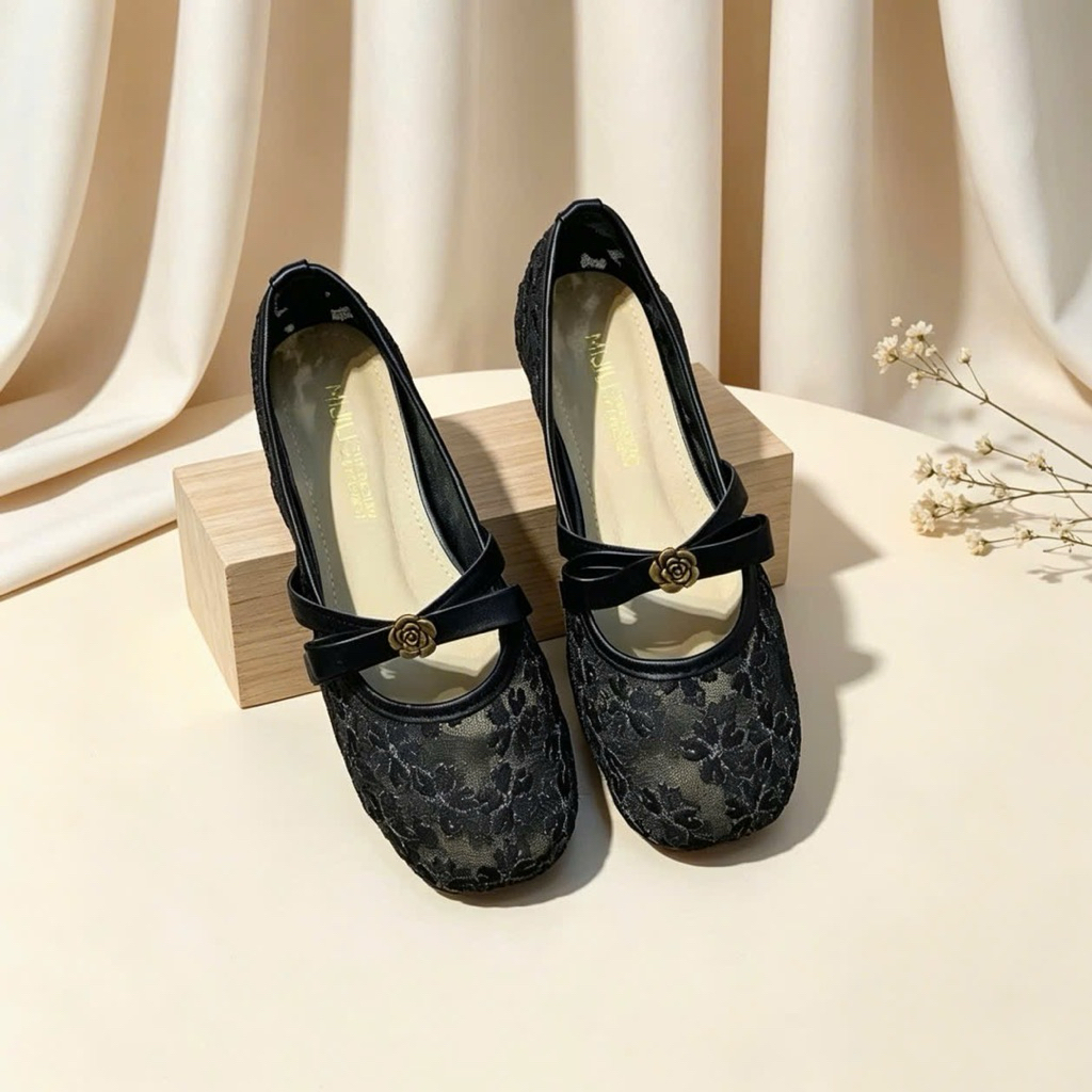 [D36] Giày bệt VANA FASHIONSHOES  , bệt nữ bản lưới hoa xuyến chi thêu nổi đính hoa trà bệt 1p