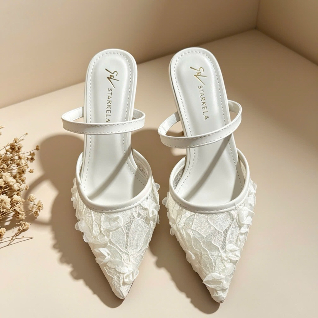 [D34] Giày VANA FASHIONSHOES , Sục cao gót nữ bản hoa ren nổi gót nhọn 5,7,9p