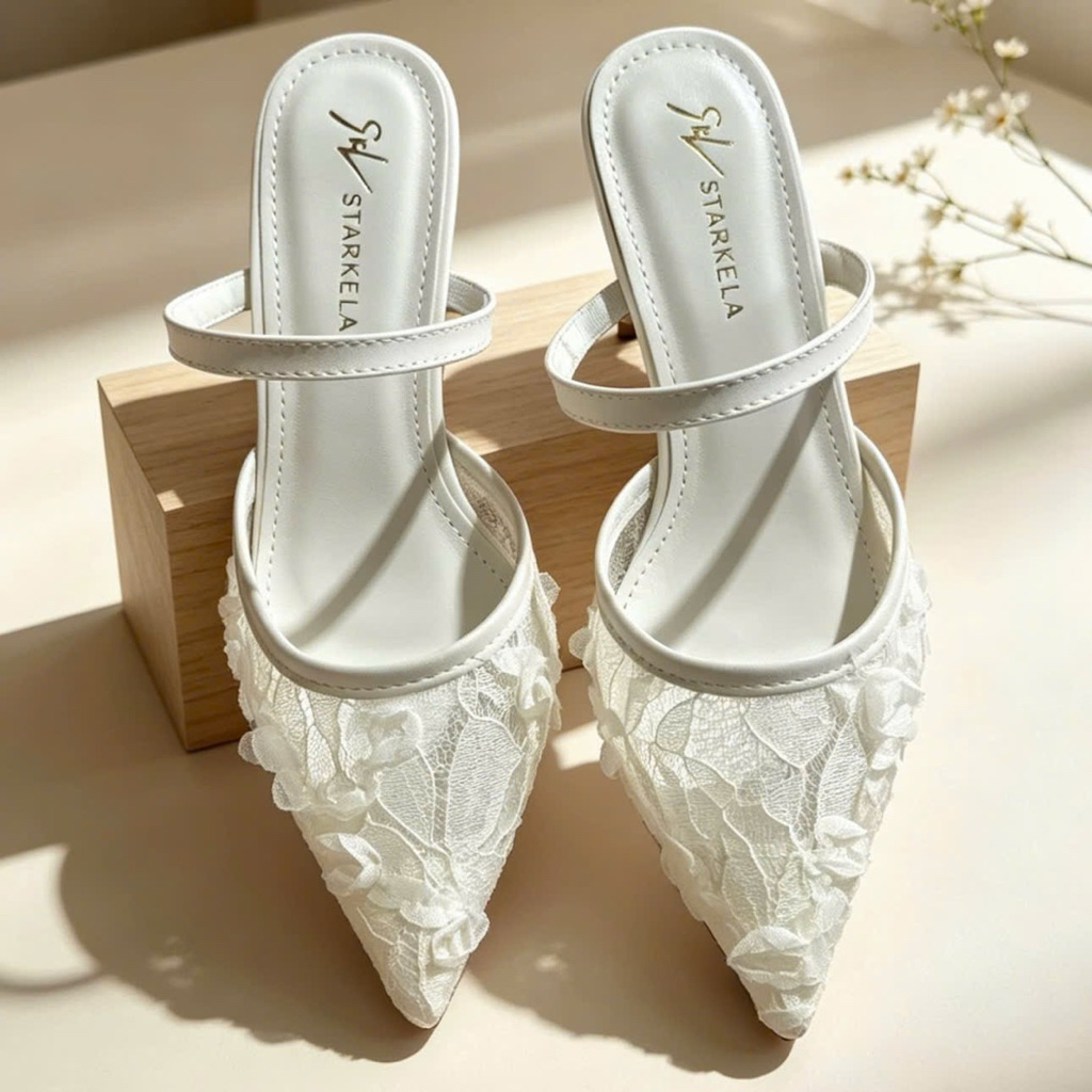 [D34] Giày VANA FASHIONSHOES , Sục cao gót nữ bản hoa ren nổi gót nhọn 5,7,9p