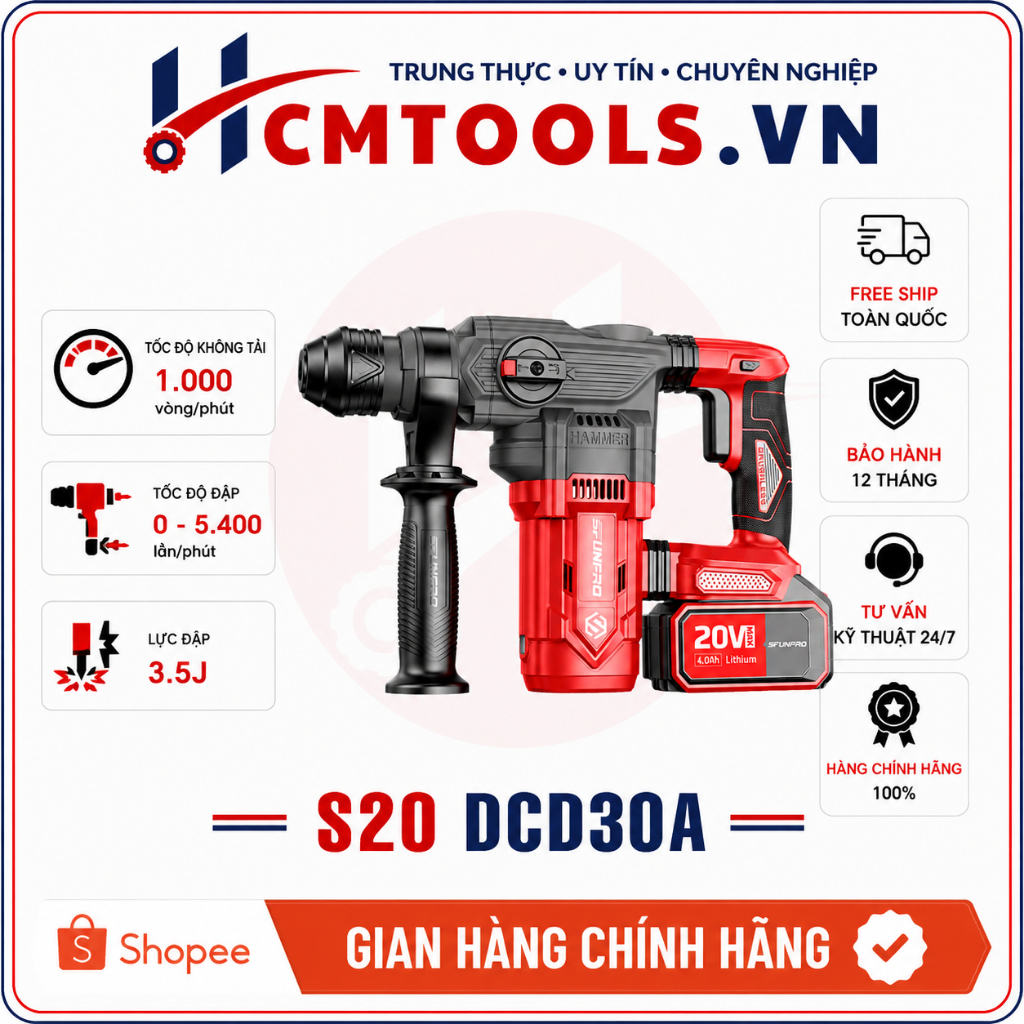 Máy khoan bê tông Sfunpro S20 DCD30A, 2 chức năng Khoan búa - Đục phá lực đập 3.5J Đầu gài nhanh SDS