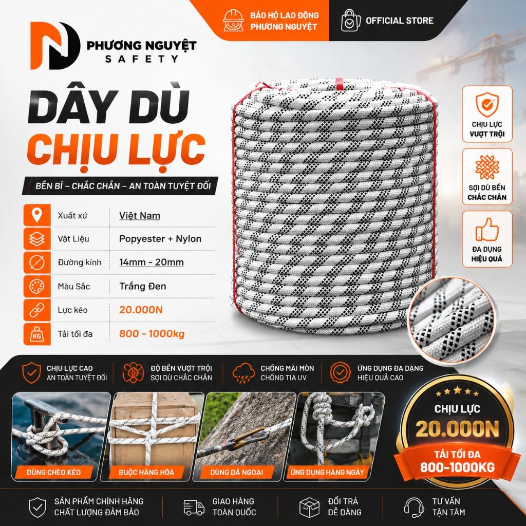 Dây dù tết cường lực, dây thừng chịu lực dùng cho thợ sơn thợ lau kính (đường kính D14,D16,D18)