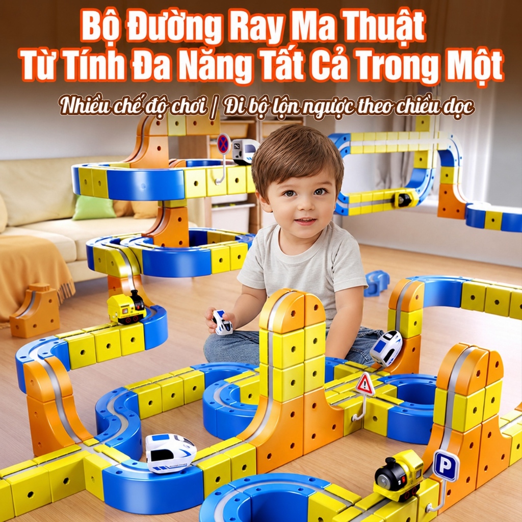 Đường ray từ tính lắp ghép 3D. Chơi được cả đường ray xe ô tô và đường ray tàu hỏa. Xe đồ chơi phong phú. Giao ngay