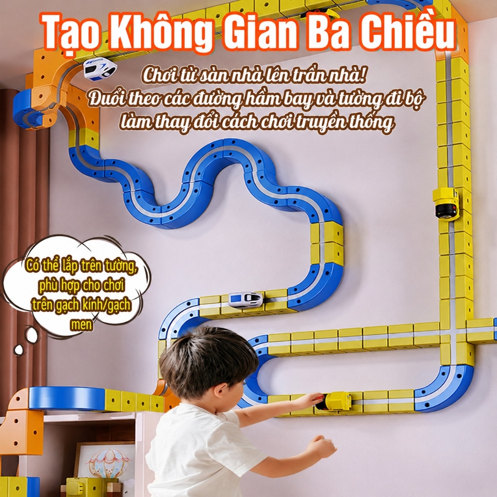 Đường ray từ tính lắp ghép 3D. Chơi được cả đường ray xe ô tô và đường ray tàu hỏa. Xe đồ chơi phong phú. Giao ngay