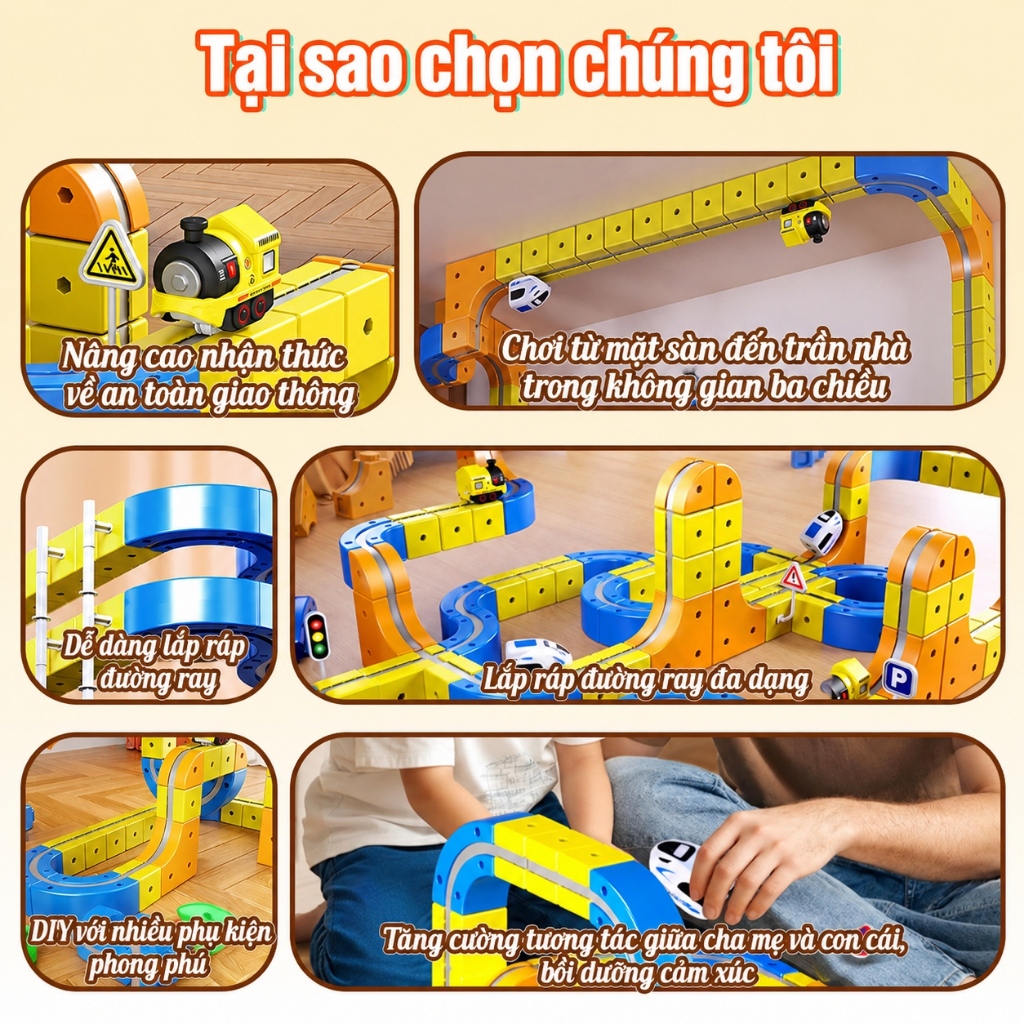 Đường ray từ tính lắp ghép 3D. Chơi được cả đường ray xe ô tô và đường ray tàu hỏa. Xe đồ chơi phong phú. Giao ngay