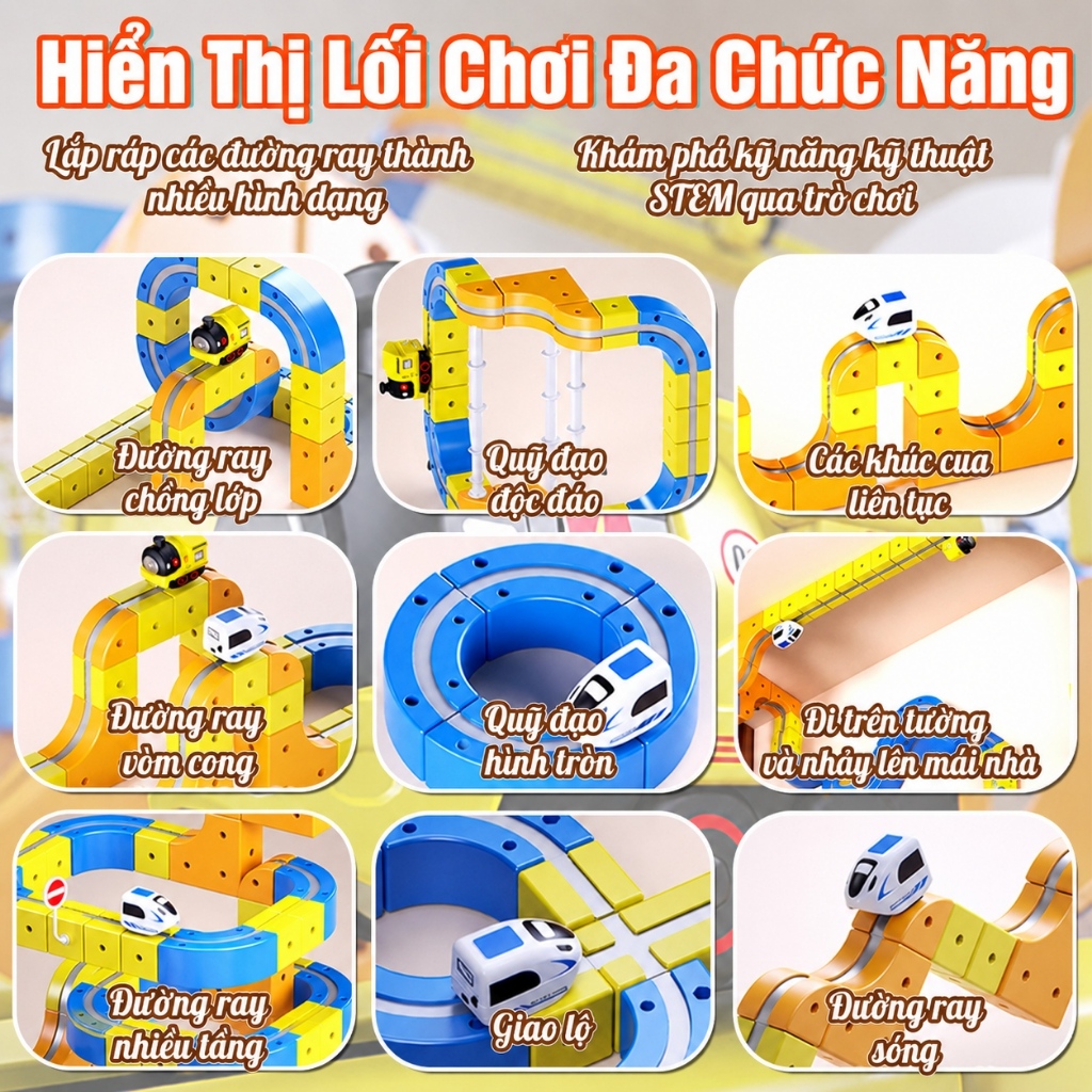 Đường ray từ tính lắp ghép 3D. Chơi được cả đường ray xe ô tô và đường ray tàu hỏa. Xe đồ chơi phong phú. Giao ngay