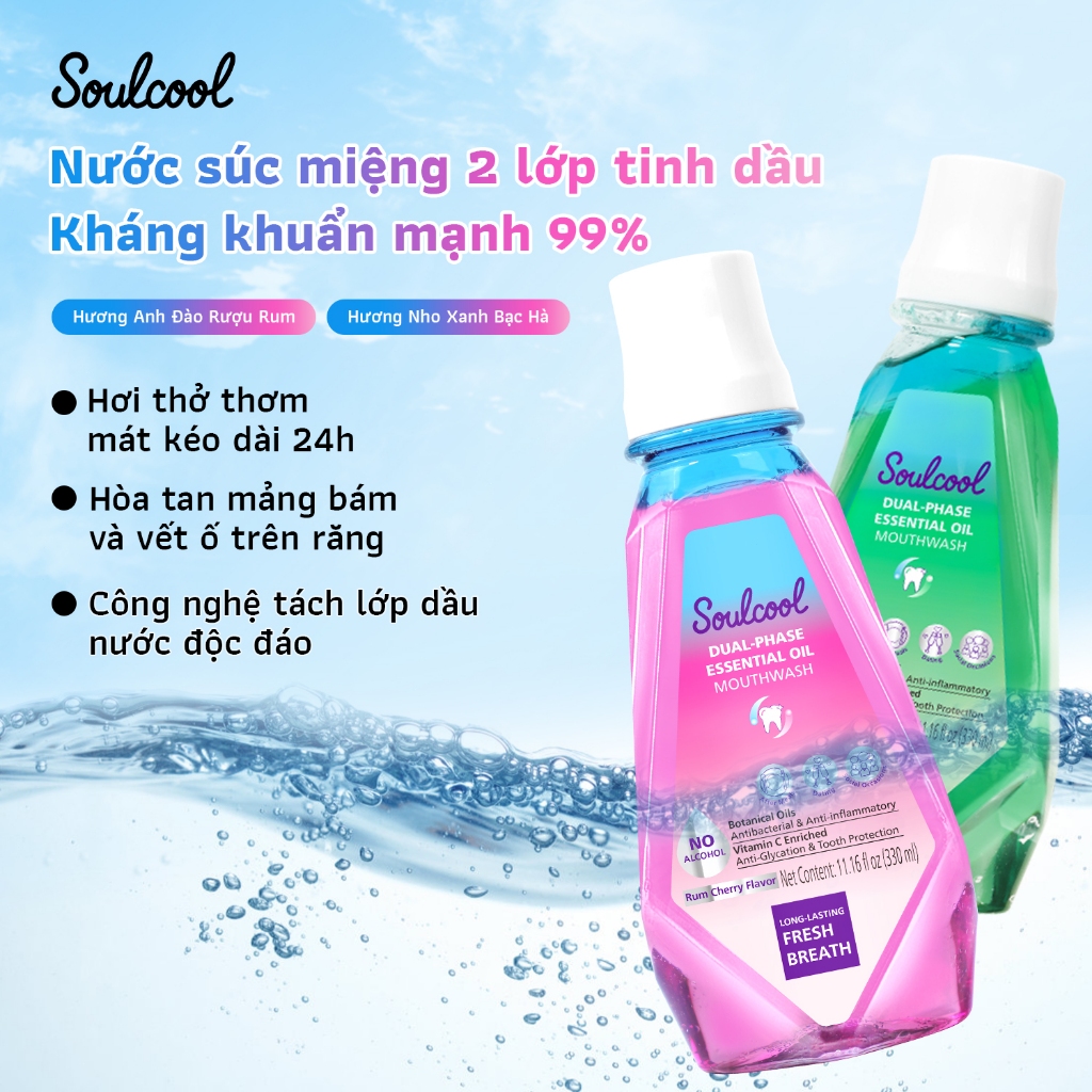 Soulcool Combo nước súc miệng tinh dầu không cay rát 3 Không không cồn thơm mát 24h diệt khuẩn đánh bay mảng bám trắng r