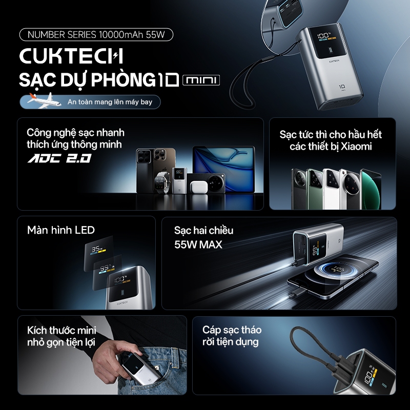 【Được chứng nhận CCC】CUKTECH Mini 55W Sạc Nhanh 10000mAh Pin Sạc Dự Phòng Xiaomi 55W Max Samsung 45W iP16/15/14