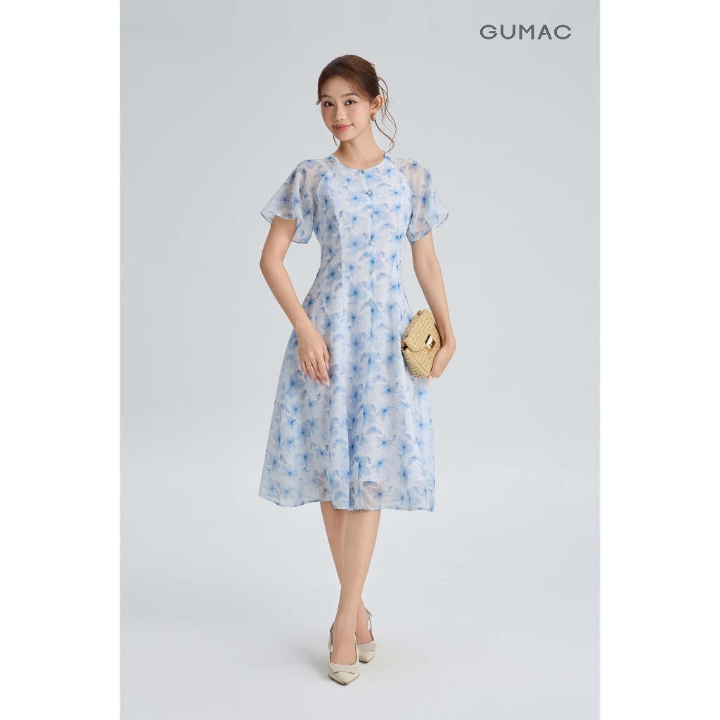 Đầm Nữ GUMAC Form A Xòe Cổ Tròn Tay Cánh Tiên Mềm Mại Nút Dọc Giữa Thân Tinh Tế Hiện Đại DG06035